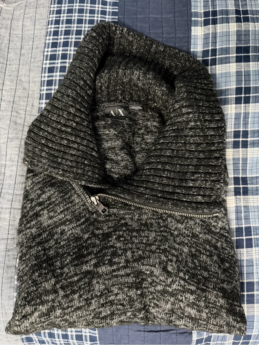 Armani Exchange Charcoal Gray Marled Zip Funnel-Neck Sweater